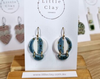 Handmade ceramic hanging earrings - blue and white hot-air balloon