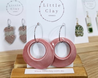 Handmade ceramic hoop earrings - large pink cut-out circles