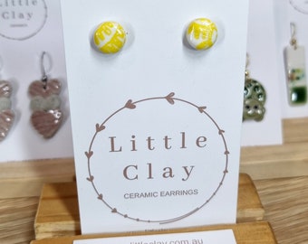 Handmade ceramic stud earrings - yellow and white print