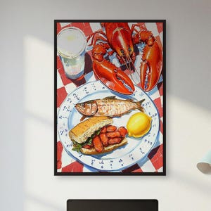 Seafood Dinner Poster: Lobster & Fish Plate on Gingham - Coastal Kitchen Art