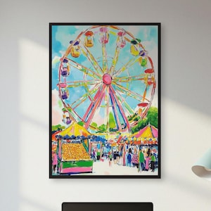 Bunte Karneval-Riesenrad-Kunst, lebhafte Messeplatzszenen-Druck voller Freude und Nostalgie für spielerische Schlafzimmer und wunderliche Wanddarstellungen