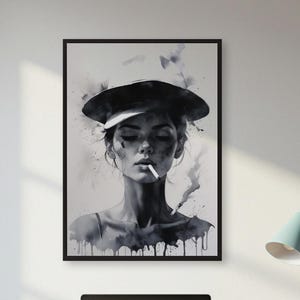 Monochrome Woman Wall Art – Black and White Watercolor Portrait with Cigarette and Hat for Moody Kitchen, Studio or Edgy Minimalist Decor