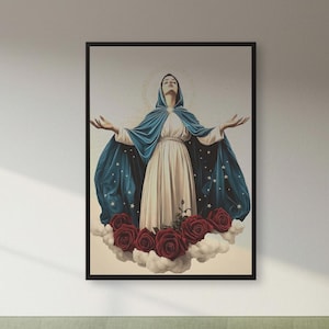 Virgin Mary Poster: Sacred Catholic Art with Roses and Halo