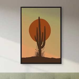 Desert Sunset Cactus Print: Minimalist Earth Tone Wall Art