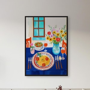 Italian Pasta Kitchen Print: Spaghetti Plate & Floral Decor