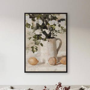 Rustic Lemon Still Life Wall Art,Soft Vintage Style Painting with Vase and Leaves for Country Kitchens,Cozy Homes and Warm Neutral Interiors