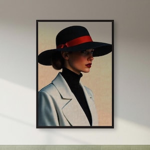 Arte mural de una elegante mujer con sombrero: retrato vintage con lazo rojo y textura beige para una cocina elegante, un vestidor o una decoración retro.