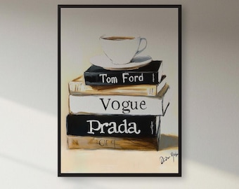 Fashion Books Wall Art – Chic Coffee and Designer Stacked Books Painting for Modern Bedrooms, Stylish Interiors and Luxury Home Decor