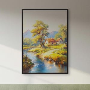 Serene Cottage Landschaft Wandkunst - Ruhiger Fluss Gemälde Druck für gemütliche Schlafzimmer, rustikale Bauernhaus Innenräume und naturinspirierte Häuser