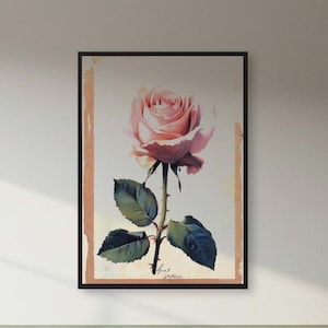 Blush Pink Rose Wall Art – Vintage Floral Print for Romantic Bedrooms, Feminine Cottagecore Aesthetic, and Shabby Chic Interior Decor