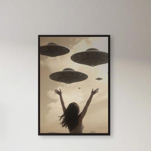 UFO Encounter Wall Art – Surreal Sci-Fi Print with Girl Reaching for Spaceships, Ideal for Alien Lovers, Futuristic Rooms, and Dreamy Minds