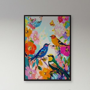 Colorful Birds Wall Art – Vibrant Songbird and Floral Painting for Bright Bedrooms, Nature Inspired Interiors and Bird Lovers’ Unique Decor
