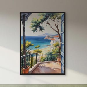 Mediterrane Balkon-Wandkunst - ruhiges Ozeanblick-Poster mit Topfpflanzen am Meer, ruhige Küstendekoration für beruhigende Räume
