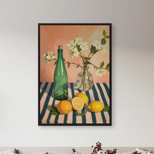 Lemon Still Life Print: Vibrant Kitchen Wall Art with Floral Accents
