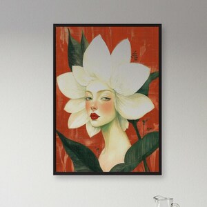 Surreal Flower Head Woman Art – Bold Red Botanical Portrait Print for Eclectic Bedrooms, Artistic Walls or Modern Feminine Statement Decor