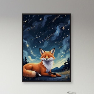 Whimsical Fox Starry Night Print: Woodland Nursery Wall Art