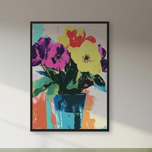 Arte mural de flores estilo pop art, póster de ramo floral colorido para dormitorios alegres, interiores eclécticos o espacios de vida modernos de inspiración botánica.