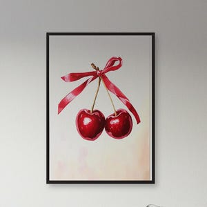 Cherries with Red Ribbon Wall Art – Sweet Fruit Poster with Glossy Cherry Design for Modern Kitchens, Playful Bedrooms, Vibrant Home Decor