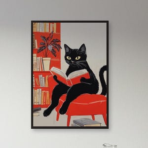 Black Cat Reading Poster: Whimsical Cat Lover Wall Art