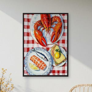 Lobster and Fish Print: Colorful Seafood Poster, Red Gingham Kitchen Decor