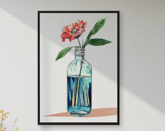 Minimal Flower in Blue Bottle Wall Art – Elegant Botanical Still Life Print for Calm Bedrooms, Modern Interiors or Simplicity-Loving Souls