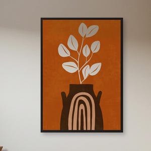 Arte de pared con jarrón de terracota bohemio: estampado botánico terroso con maceta arcoíris minimalista, perfecto para interiores cálidos y un dormitorio acogedor.