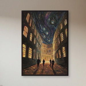 Sternenklare Nacht Street Wandkunst – Traumhaftes Urban Painting mit leuchtenden Fenstern und kosmischem Himmel für zauberhafte Schlafzimmer und skurrile Interieurs