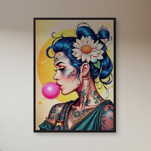 Tätowierte Mädchen Pop Art Wandkunst – Bunter Porträt Druck mit floralen Details für mutige Schlafzimmer, urbane Interieurs, modernes Wohndekor