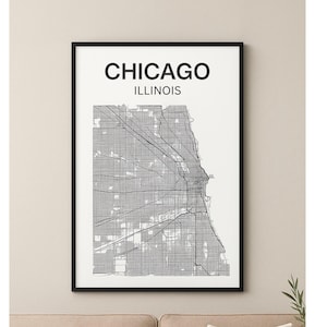 carte de Chicago affiche de plan de ville de Chicago | Art mural noir et blanc moderne | Carte imprimable de Chicago, Illinois | Décoration urbaine minimaliste