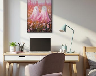 Cute Pink Ghosts in Floral Field, Whimsical Cottagecore Wall Art for Cozy Bedrooms, Teen Decor or Sweet Seasonal Halloween Vibes,Unique Gift