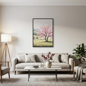 Cherry Blossom Tree Wall Art – Soft Pastel Spring Landscape Print for Peaceful Kitchens, Minimalist Bedrooms or Serene Nature-Inspired Walls