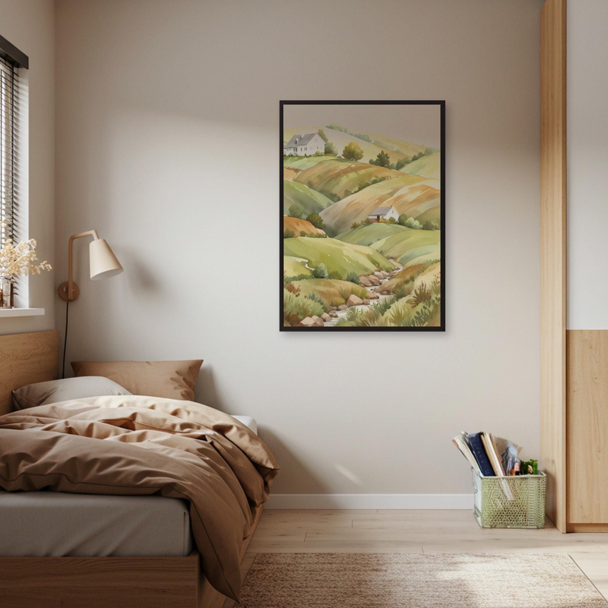 Pastel Cottage Landscape Print: Soft Hillside Wall Art