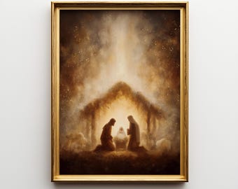 May include: A framed artwork depicting a nativity scene. The image features two figures kneeling before a baby, with a structure overhead. The color palette is warm, with gold and brown tones, and a starry background.