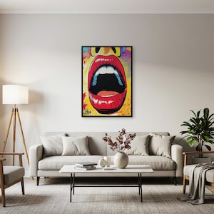 Pop Art Lips Wall Art – Red Lipstick Comic Print for Bold Interiors, Funky Bedrooms or Modern Living Spaces That Crave Loud Color and Style