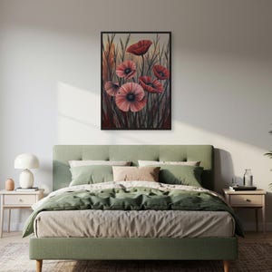 Red Poppy Field Art Print – Moody Floral Wall Decor for Living Rooms or Bedrooms, Elegant Botanical Artwork for Nature-Loving Souls