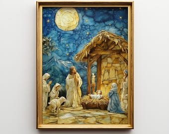 May include: A framed painting depicting a nativity scene. The artwork features a golden frame, a night sky with a large moon and stars, and figures in robes gathered around a manger. A lamb stands nearby. The color palette includes blues, golds, and whites.