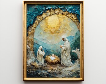 May include: A framed painting depicting the Nativity scene. The artwork features a golden frame, with a textured, colorful depiction of the Holy Family, a baby in a manger, and a lamb. The color palette includes gold, blue, and white.