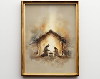 May include: A framed artwork depicting a nativity scene. The image features a golden frame surrounding a painting of a stable with two figures kneeling before a baby in a manger. The artwork uses warm, earthy tones.
