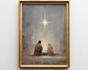 May include: A framed painting depicting a religious scene. The artwork features a bright star shining above a family. The family is composed of two figures and a baby, all illuminated by a warm glow. The frame is gold.