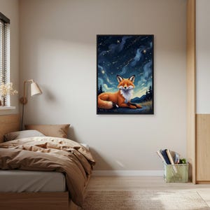 Verträumter Fuchs unter Sternenhimmel Wandkunst - Niedlicher Waldtierdruck mit kosmischer Nacht als Kulisse für eine gemütliche Küche, ein Kinderzimmer oder ein Fantasydekor zu Hause