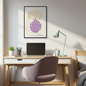 Póster de mercado de flores, jarrón morado a cuadros con rosas de arte lineal para la pared de la galería de la cocina, decoración botánica moderna y audaz para hogares alegres.