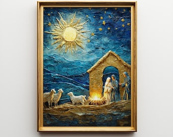 May include: A framed religious painting depicting a nativity scene. The artwork features a golden sun, stars, and a hut with figures. Sheep are in the foreground, with a blue and gold color palette.