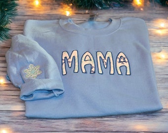 MAMA Embroidered Cotton Woman's Clothing Crewneck Sweatshirt, Custom Made Snowflake Winter Applique Unique for Mom Sister Wife Aunt Niece XL