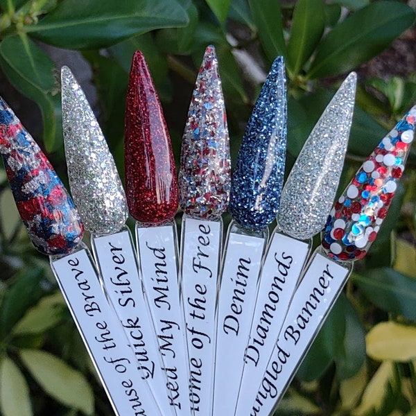 Home of the Free Because of the Brave Collection / Red, White, Silver & Blue / Foils, Flakes, Shards, Glitter / Acrylic Nail Dip Powder