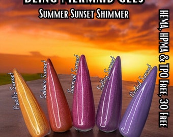 Shimmer Mermaid Gels | Summer Sunset | Pacific, Sahara, Surreal, Sultry, Orchid Sunset | HEMA, HPMA, TPO, 30 Free uv/led | 15ml | Soak Off |