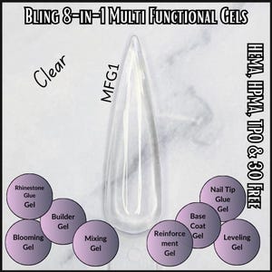 May include: Clear 8-in-1 multi-functional gel nail polish. The gel is in a clear bottle with the text "MFG1" on the side. The gel can be used for building, reinforcing, leveling, mixing, blooming, base coat, nail tip glue, and rhinestone glue.
