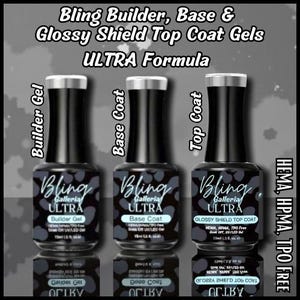 May include: Three black bottles of Bling Galleria Ultra nail gel, labeled Builder Gel, Base Coat, and Glossy Shield Top Coat. Each bottle contains 15 ml (.5 fl. oz.) of product. The text reads HEMA, HPMA, TPO FREE and ULTRA Formula.