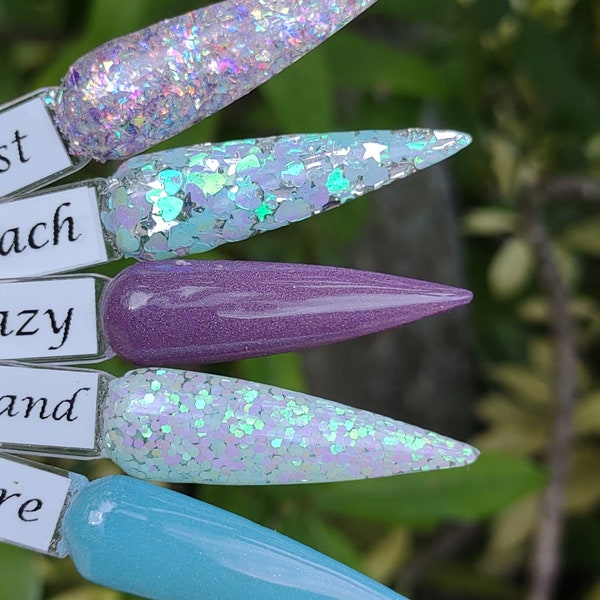 Iridescent Beach Collection / Plum Crazy, Iridescent Sand, Delmare, Lilac Tryst / Flakes, Shards, Glitter / Acrylic Nail Dip Powder