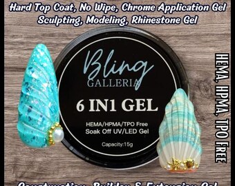6 in 1 Hard Top Coat, No Wipe, Chrome, Sculpting, Modeling, Rhinestone, Builder, Multifunctional Gel - HEMA, HPMA, TPO Free