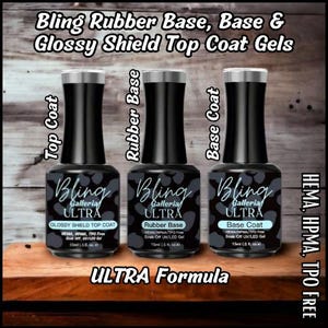 May include: Three black bottles of Bling Galleria Ultra nail gel, labeled Glossy Shield Top Coat, Rubber Base, and Base Coat. Each bottle contains 15ml (.5 fl. oz.) of product. The text on the bottles indicates they are HEMA, HPMA, and TPO free.
